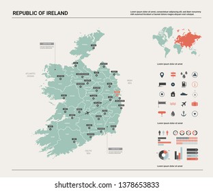 Vector map of Republic of Ireland. High detailed country map with division, cities and capital Dublin. Political map,  world map, infographic elements. 