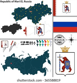 Vector map of Republic of Mari El with coat of arms and location on Russian map