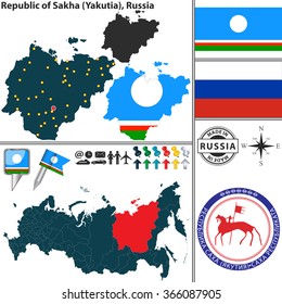 Vector map of Republic of Sakha (Yakutia) with coat of arms and location on Russian map