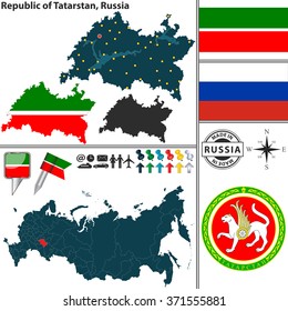 Vector map of Republic of Tatarstan with coat of arms and location on Russian map