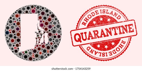 Vector map of Rhode Island State collage of coronavirus and red grunge quarantine seal. Infection cells attack the isolated territory from out space.