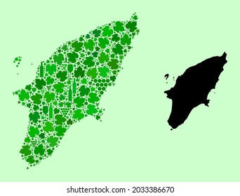 Vector Map of Rhodes Island. Mosaic of green grape leaves, wine bottles. Map of Rhodes Island mosaic designed from bottles, berries, green leaves. Abstract mosaic is designed for patriotic agitprop.