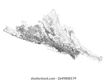 Mapa vetorial de Rijeka, Croácia, detalhando rodovias, edifícios e vias navegáveis. Mostra a complexa infraestrutura e o layout urbano da cidade.