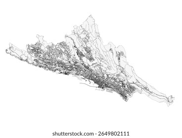 Mapa vetorial de Rijeka, Croácia, destacando rodovias e edifícios. Exibe as redes de estradas urbanas e o layout estrutural da cidade.
