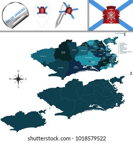 Vector map of Rio de Janeiro with regions and travel icons.