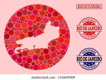 Vector map of Rio de Janeiro State collage of circle elements and red grunge stamp. Hole circle map of Rio de Janeiro State collage designed with circles in variable sizes, and red color hues.