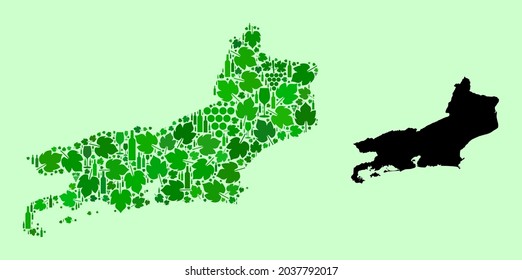 Vector Map of Rio De Janeiro State. Combination of green grape leaves, wine bottles. Map of Rio de Janeiro State mosaic designed with bottles, berries, green leaves.