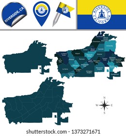 Vector map of Riverside, California in the United States with named neighborhoods and travel icons