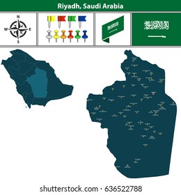 Vector map of Riyadh region with flag, icons and location on Saudi Arabian map.