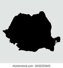 Mapa vetorial da Romênia, silhueta preta detalhada, isolado em fundo cinza.	