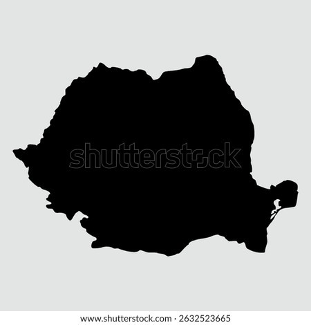 Vector map of Romania, detailed black silhouette, isolated on gray background.	