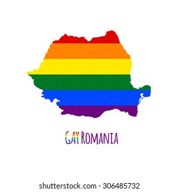 Vector map of Romania in LGBT (lesbian, gay, bisexual, and transgender) flag colors and GAY Romania caption on white background. Rainbow flag with denim textile texture.