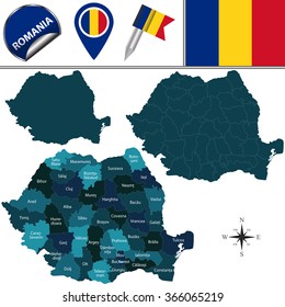 Vector map of Romania with named counties and travel icons