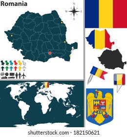 Vector map of Romania with regions, coat of arms and location on world map