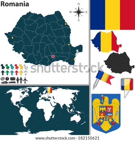 Vector map of Romania with regions, coat of arms and location on world map