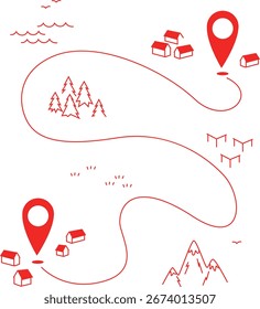 Vector map with route between villages? mountain and forest in minimalistic line style