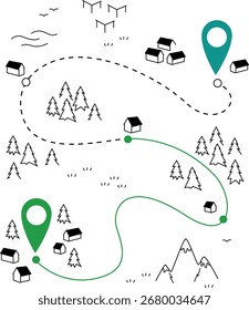 Vektorkarte mit Route zwischen Dörfern mit Zielmarkierungen im flachen minimalen Stil