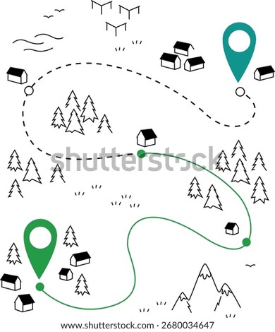 Vector Map with Route Between Villages with Destination Markers in Flat Minimal Style