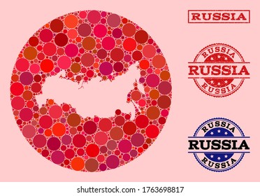 Vector map of Russia collage of circle blots and red rubber stamp. Subtraction round map of Russia collage composed with circles in different sizes, and red shades.