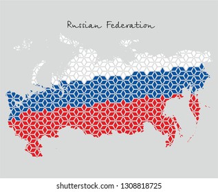 Vector map of Russia in the form of a mosaic. Russian Federation. Geometric flowers. Tricolor. Geographic poster.