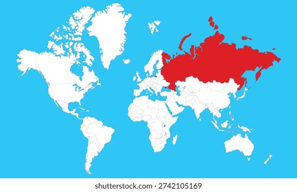 vector map of Russia highlighted in Red on white world map, clean design ideal for geography, travel, and infographic use. travel and tourism