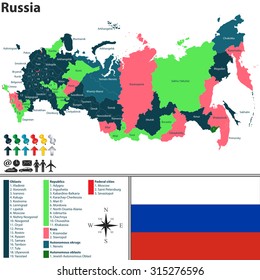 Vector map of Russia with named regions, flag and badges