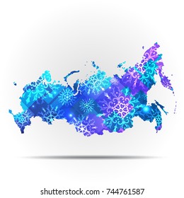 Vector map Russia with snowflakes. Winter illustration for your design