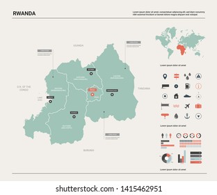 Vector map of Rwanda. Country map with division, cities and capital Kigali. Political map,  world map, infographic elements. 