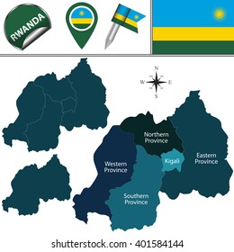 Vector map of Rwanda with named provinces and travel icons