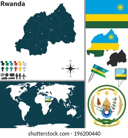 Vector map of Rwanda with regions, coat of arms and location on world map