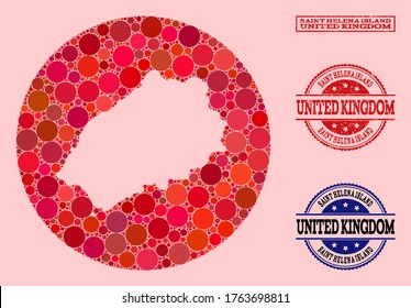 Mapa vectorial del mosaico de la isla de Santa Elena de manchas redondas y foca rayada roja. Mapa circular de esténcil del collage de la isla de Santa Elena compuesto por círculos de tamaños variables y tintes de color rojo.