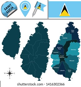 Vector map of Saint Lucia with named quarters and travel icons