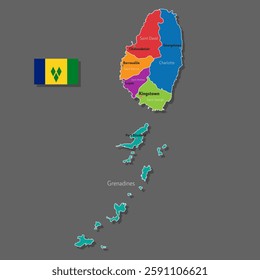 Vector map of Saint Vincent and the Grenadines with names of cities and with borders city