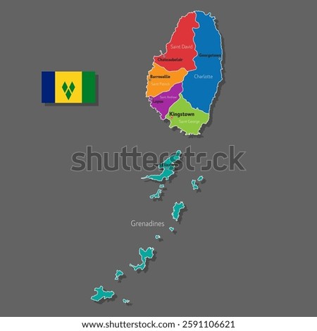 Vector map of Saint Vincent and the Grenadines with names of cities and with borders city