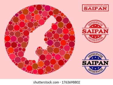 Vector map of Saipan Island collage of round blots and red grunge seal stamp. Stencil round map of Saipan Island collage created with circles in different sizes, and red shades.