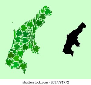 Mapa vectorial de la isla Saipan. Collage de uvas verdes, botellas de vino. Mapa del collage de la Isla Saipan compuesto de botellas, uvas, hojas verdes. Mosaico abstracto diseñado para la producción de vino agitprop.