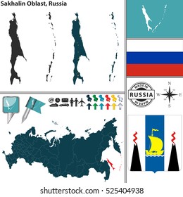 Vector map of Sakhalin Oblast with coat of arms and location on Russian map