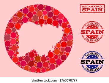 Mapa vectorial de la provincia de Salamanca, collage de objetos redondos y sello de caucho rojo. Mapa de círculo de tallos de la provincia de Salamanca formado con círculos de tamaños variables y tonos de color rojo.