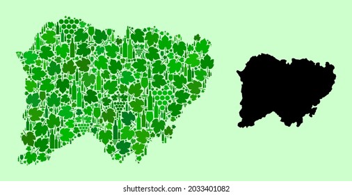Vector Map of Salamanca Province. Collage of green grape leaves, wine bottles. Map of Salamanca Province mosaic formed with bottles, grapes, green leaves.