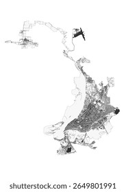 Mapa vetorial de Samara destacando rodovias e edifícios. Exibe redes de estradas urbanas e layout estrutural.