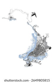 Mapa vetorial de Samara, Rússia, detalhando rodovias, edifícios e vias navegáveis. Mostra a complexa infraestrutura e o layout urbano da cidade.