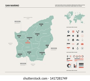 Vector map of San Marino. Country map with division, cities and capital. Political map,  world map, infographic elements.