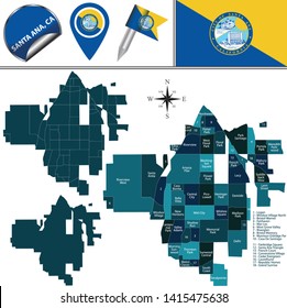 Vector map of Santa Ana, California of the United States with named districts and travel icons