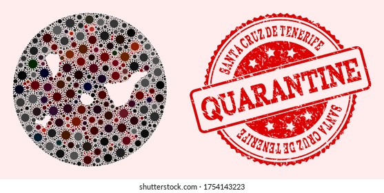 Vector map of Santa Cruz de Tenerife Province collage of flu virus and red grunge quarantine stamp. Infection cells around the isolated territory from outside.