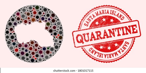 Vector map of Santa Maria Island collage of covid-2019 virus and red grunge quarantine stamp. Infection cells around the isolated territory from outside.