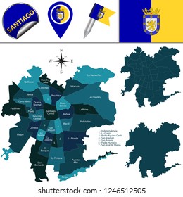 Vector map of Santiago, Chile with named divisions and travel icons