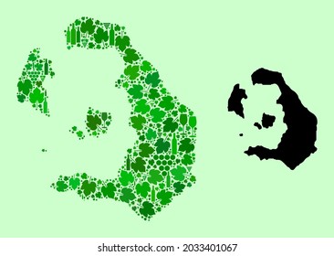 Vector Map of Santorini Island. Mosaic of green grape leaves, wine bottles. Map of Santorini Island mosaic formed from bottles, berries, green leaves.