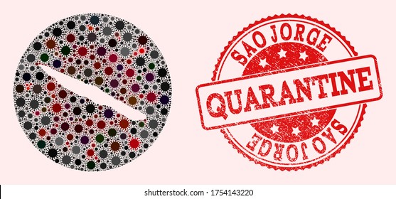 Vector map of Sao Jorge Island mosaic of SARS virus and red grunge quarantine stamp. Infection cells attack the quarantine territory from out space.