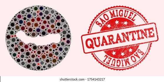 Vector map of Sao Miguel Island collage of covid-2019 virus and red grunge quarantine seal stamp. Infection cells around the quarantine territory from outside.