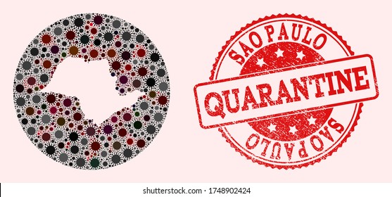 Vektorkarte von Sao Paulo State Collage von Coronavirus und roten Grunge Quarantänesiegel. Infektionszellen greifen das Sperrgebiet von außen an.